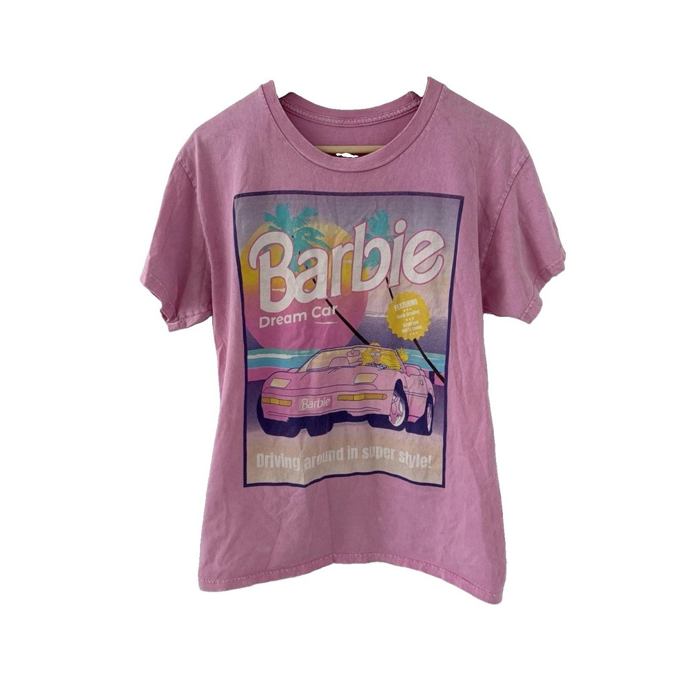 Barbie Shirts Womens Medium Pink Corvette Dream Car Graphic Print Short Sleeve